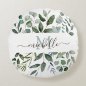 モノグラムセージ緑のユーカリ緑離れの ラウンドクッション (正面)