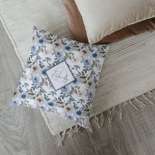 モノグラムソフトダスティブルーウォーター花模様 クッション