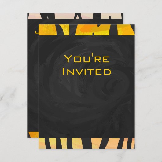 モノグラムタイガーブラックとオレンジ色のプリントパターン 招待状 (正面/裏面)