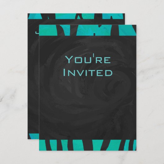 モノグラムタイガーブラックとティール(緑がかった色)プリントパターン 招待状 (正面/裏面)
