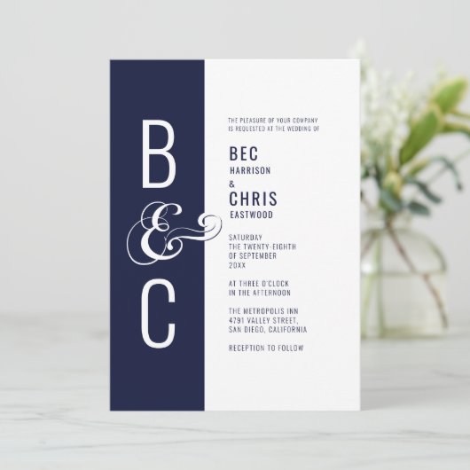 モノグラムタイポグラフィシンプルミニマはっきりしたリストネイビー 招待状 (スタンド正面)