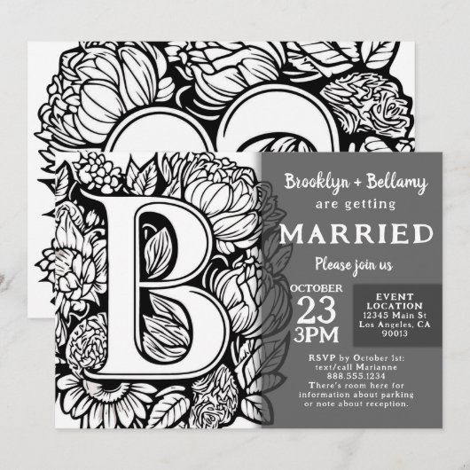 モノグラムタトゥーフラワーの黒白の結婚式 招待状 (正面/裏面)