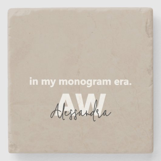 モノグラムタンホワイトタイポグラフィブラック名ミニマル ストーンコースター (正面)