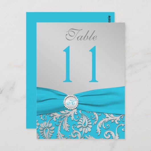 モノグラムターコイズと銀ダマスク表番号 ポストカード (正面/裏面)