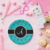 モノグラムターコイズチアリーティング黒丸 ペーパープレート (パーティー)