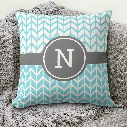 モノグラムターコイズホワイトシェブロンパタはっきりしたーングレー クッション