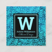 モノグラムターコイズ葉パターンモダン植物学 スクエア名刺 (正面)