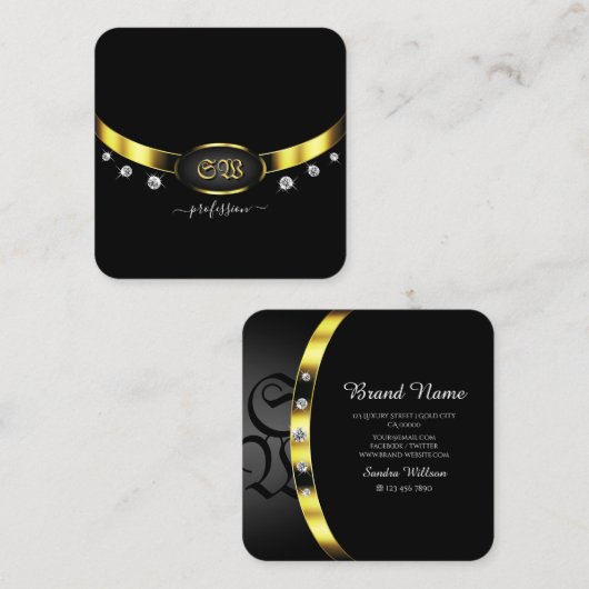 モノグラムダイヤモンドを使用した豪華なブラックと金ゴールド スクエア名刺 (正面/裏面)