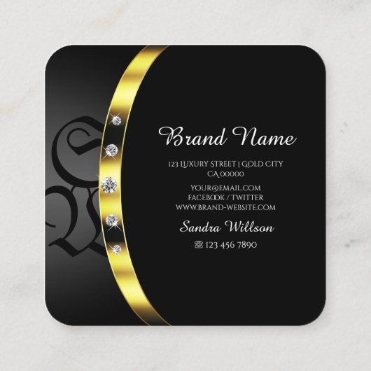 モノグラムダイヤモンドを使用した豪華なブラックと金ゴールド スクエア名刺 (裏面)