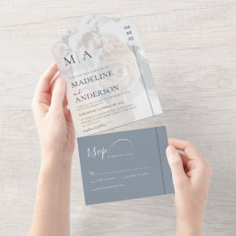 モノグラムダスティブルーとオーバーレイ結婚写真 オールインワン招待状