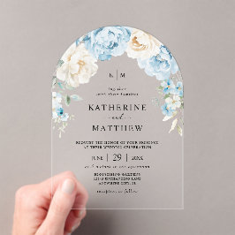 モノグラムダスティブルーシャンパーニュアイボリー結婚フローラ アクリル招待状