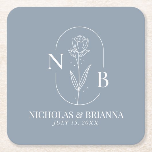 モノグラムダスティブルーミニマリストエレガントな結婚式 スクエアペーパーコースター (正面)
