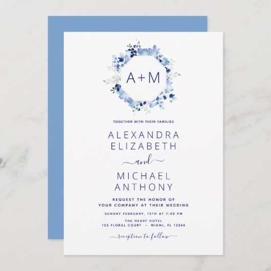 モノグラムダスティーブルーフローラ結婚式招待状 招待状 (正面/裏面)