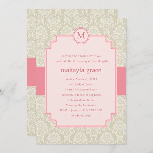 モノグラムダマスク洗礼/《キリスト教》洗礼式や命名式招待状-ピンク 招待状 (正面/裏面)