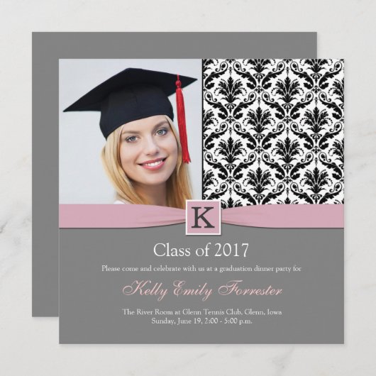 モノグラムダマスク白黒卒業パーティー 招待状 (正面/裏面)