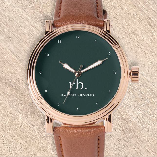 モノグラムダークグリーンスタイリッシュミニマモダンリストウォッツ 腕時計 (Stylish dark green custom monogram watch.)