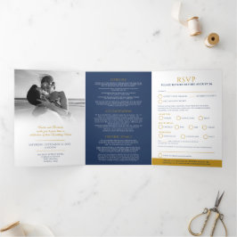 モノグラムダークブルー金ゴールド結婚リーフのオプションRSVP 三つ折り招待状
