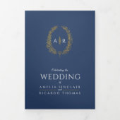 モノグラムダークブルー金ゴールド結婚リーフのオプションRSVP 三つ折り招待状 (カバー)