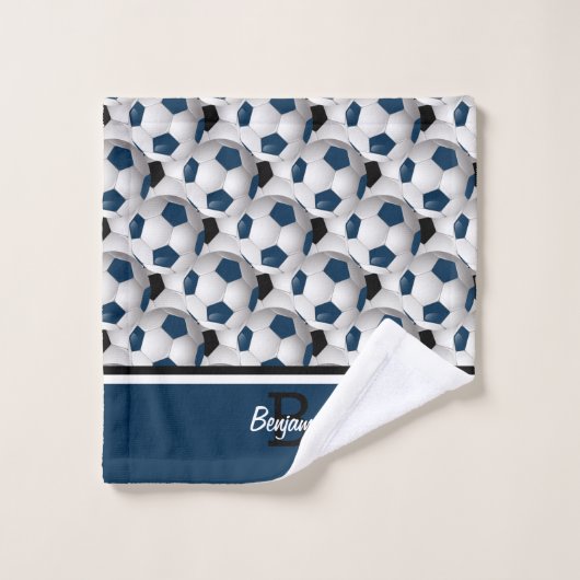 モノグラムダークブルー黒サッカーボールパターン バスタオルセット (ウォッシュタオル)