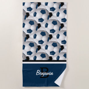 モノグラムダークブルー黒サッカーボールパターン ビーチタオル
