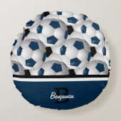 モノグラムダークブルー黒サッカーボールパターン ラウンドクッション (正面)