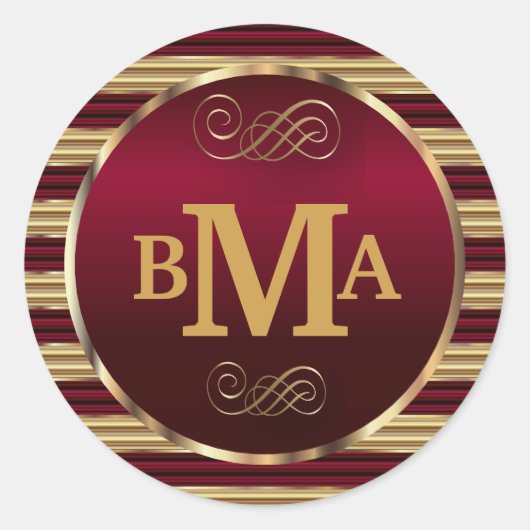 モノグラムダークレッド&金ゴールド封筒用シール ラウンドシール (正面)