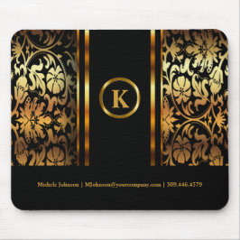 モノグラムダーク金ゴールド&ブラックフローラダマスク マウスパッド