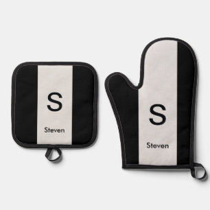 モノグラムツートーンモダンブラックとライトグレー 鍋つかみ&鍋敷きセット