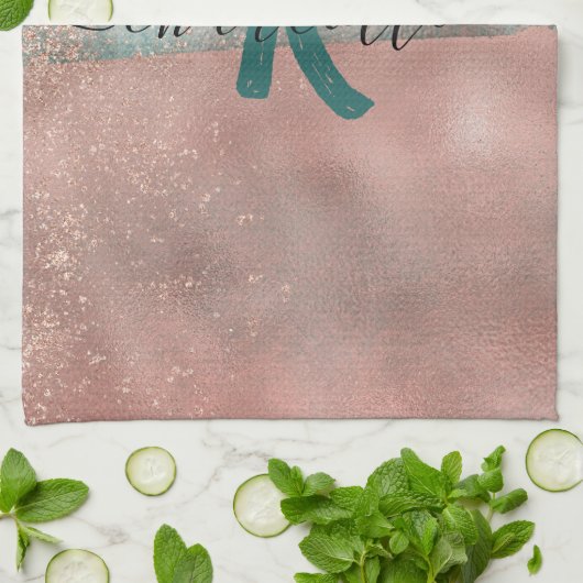 モノグラムティール(緑がかった色)およびソフト赤面ピンクグラデーションフォイル キッチンタオル (折り畳み)