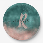 モノグラムティール(緑がかった色)およびソフト赤面ピンクグラデーションフォイル ペーパープレート (正面)