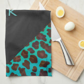 モノグラムティール（緑がかった色）およびブラウンヒョウ キッチンタオル (四つ折り)
