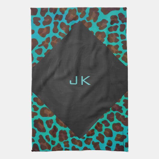 モノグラムティール（緑がかった色）およびブラウンヒョウ キッチンタオル (縦)