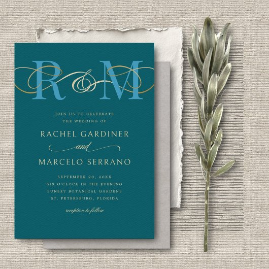 モノグラムティール(緑がかった色)アクアターコイズQRコード結婚ズ 招待状