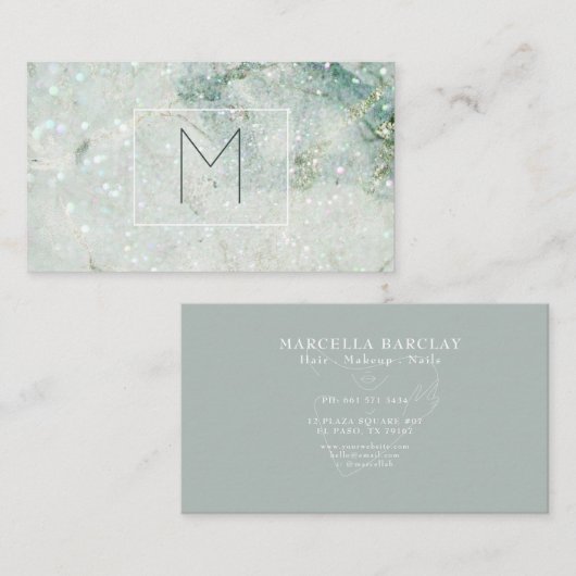 モノグラムティール（緑がかった色）グリッターマーブルヘアメイクアップ 名刺 (正面/裏面)