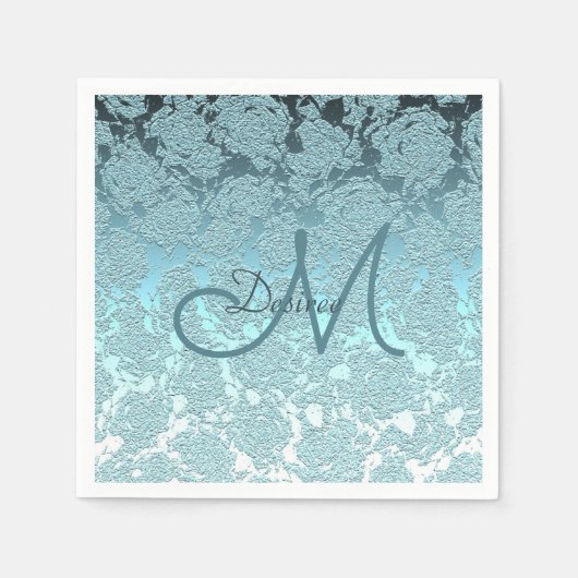 モノグラムティール（緑がかった色）グリーンガーリーエレガントフローラデザイン スタンダードカクテルナプキン (正面)