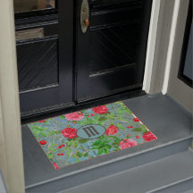 モノグラムティール（緑がかった色）パリウォーターカラーフラワーズドアマット