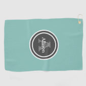 モノグラムティール（緑がかった色）パーソナライズされた名女性 ゴルフタオル (横)