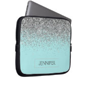 モノグラムティール(緑がかった色)ブルーシルバーグラムグリッター名 ラップトップスリーブ (正面右)