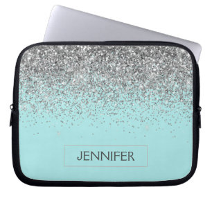 モノグラムティール(緑がかった色)ブルーシルバーグラムグリッター名 ラップトップスリーブ