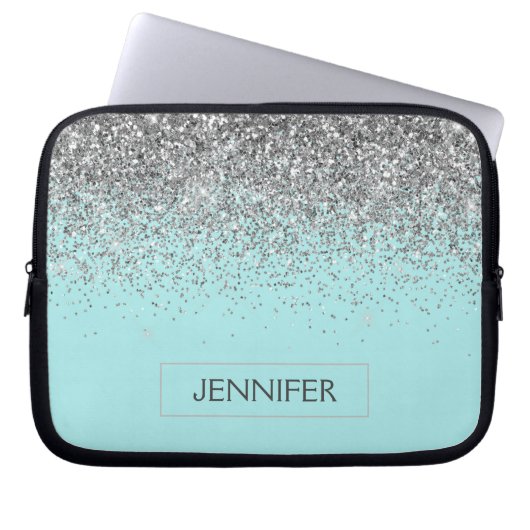 モノグラムティール(緑がかった色)ブルーシルバーグラムグリッター名 ラップトップスリーブ (正面)