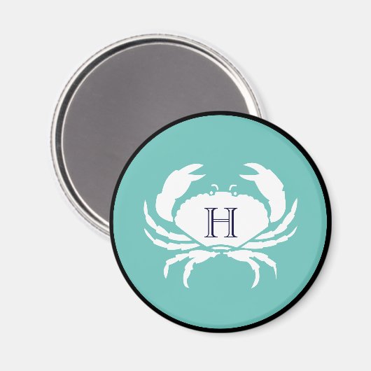 モノグラムティール(緑がかった色)ブルーホワイトネイビーブルーカニ航海の マグネット (正面/裏面)