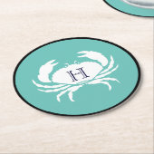 モノグラムティール(緑がかった色)ブルーホワイトネイビーブルーカニ航海の ラウンドペーパーコースター (アングル)
