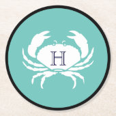 モノグラムティール(緑がかった色)ブルーホワイトネイビーブルーカニ航海の ラウンドペーパーコースター (正面)