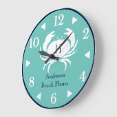 モノグラムティール（緑がかった色）ブルーホワイトネイビーブルーカニ航海の ラージ壁時計 (傾斜)