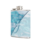 モノグラムティール（緑がかった色）ブルーマーブルジオメトリックブライドメイド フラスク (左)