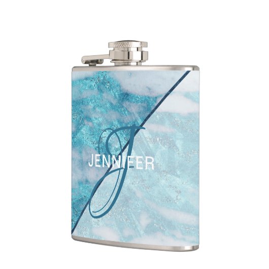 モノグラムティール（緑がかった色）ブルーマーブルジオメトリックブライドメイド フラスク (左)