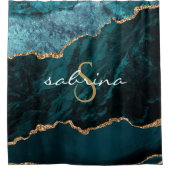 モノグラムティール(緑がかった色)ブルー金ゴールドアゲイト シャワーカーテン (正面)