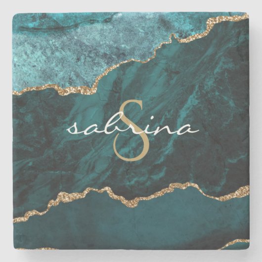 モノグラムティール（緑がかった色）ブルー金ゴールドアゲイト ストーンコースター (正面)