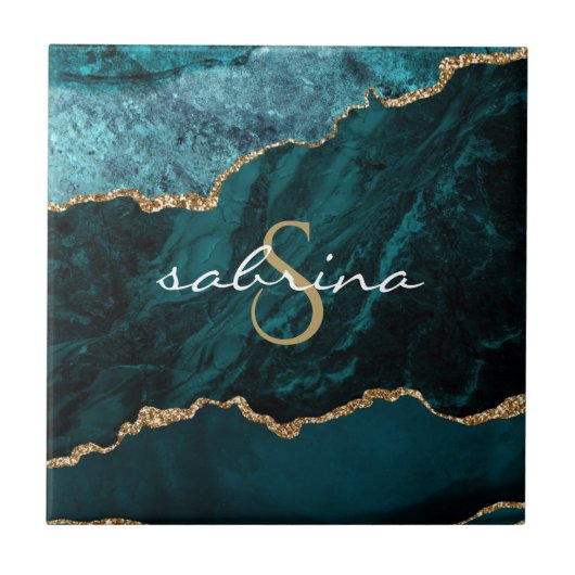 モノグラムティール(緑がかった色)ブルー金ゴールドアゲイト タイル (正面)