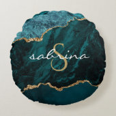 モノグラムティール(緑がかった色)ブルー金ゴールドアゲイト ラウンドクッション (正面)